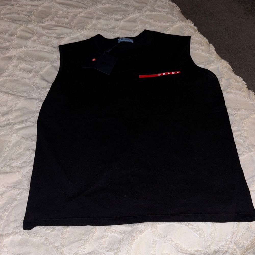 Prada Black Sleeveless Shirt with Red Logo